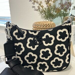 Tory Burch Printed Convertible Crossbody Bag Black-Ivory The Flower NWT